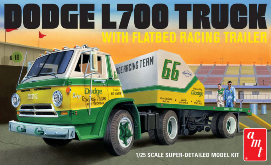 AMT 1/25 1966 Dodge L700 Truck with Flatbed Racing Trailer image