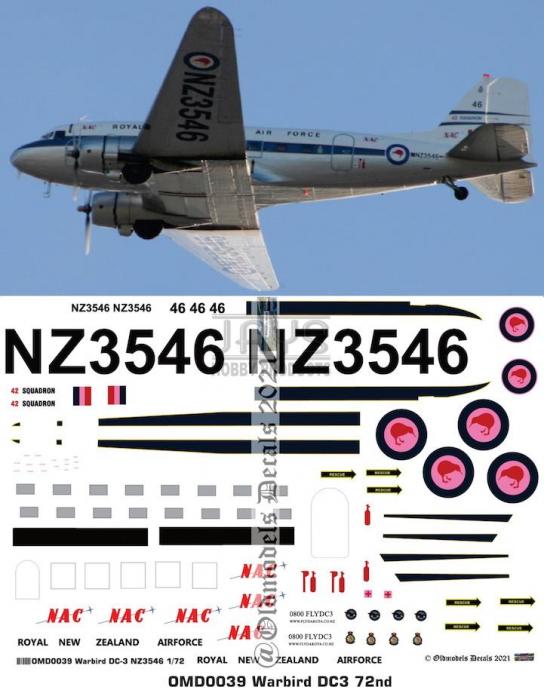 OMD 1/72 DC-3 New Zealand Warbird / NAC Decal Set image