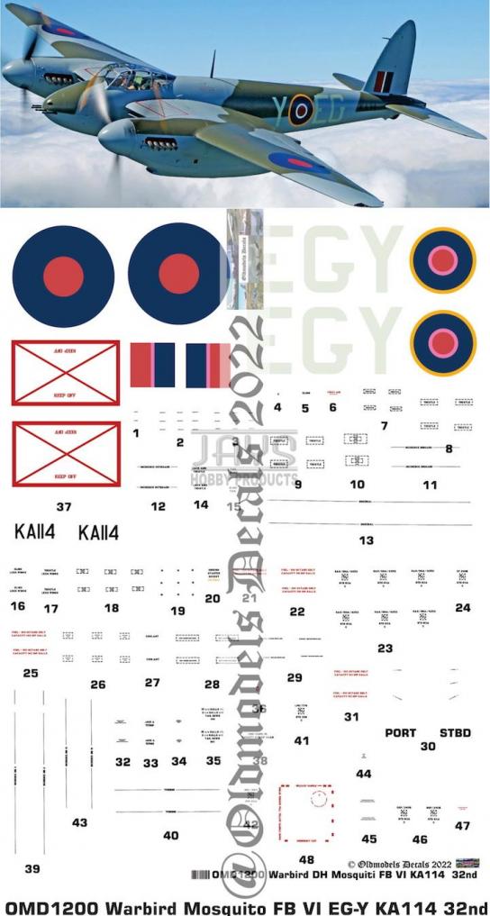 OMD 1/32 DH Mosquito FB VI New Zealand Warbird Decal Set image